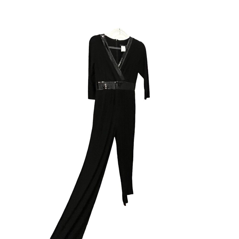 Stretch Jumpsuit Vintage Tiana B. Womens Black Back Zip V Neck Pockets Size S